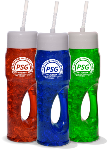 32oz Plastic Pro-Gripper Bottle is a capped water bottle with a handle and a straw in several colors like red, blue, green, and a custom logo