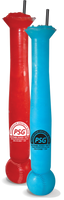 25oz Plastic Baseball Yard cup with baseball shape at the bottom in two different colors - red and blue - and custom logo printed