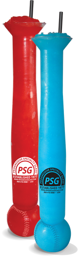 25oz Plastic Baseball Yard cup with baseball shape at the bottom in two different colors - red and blue - and custom logo printed