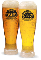 21oz Plastic Bubble Pilsner shaped glass with bubbles inside and custom logo printed on the outside