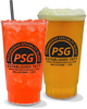 32oz Plastic Captain's Cup shown filled with a cocktail or beer and a custom logo printed on the side