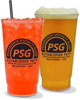 32oz Plastic Captain's Cup shown filled with a cocktail or beer and a custom logo printed on the side