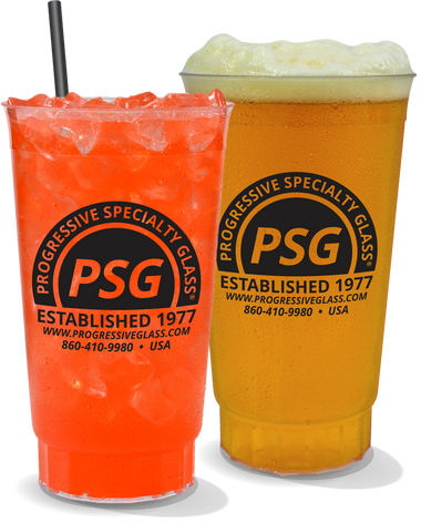 32oz Plastic Captain's Cup shown filled with a cocktail or beer and a custom logo printed on the side