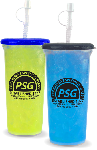 32oz Plastic Pool Cup shown in different colors with a straw, top, and custom logo