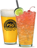 20oz Tiki Glass© that looks like a pint glass with a custom logo and a tiki face embossed on the other side