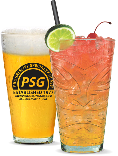 20oz Tiki Glass© that looks like a pint glass with a custom logo and a tiki face embossed on the other side