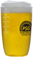 21oz Plastic Football cup filled with beer and a custom logo on the side