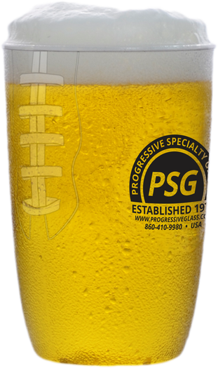 21oz Plastic Football cup filled with beer and a custom logo on the side