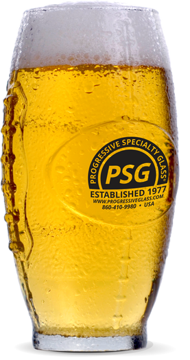 23oz Glass clear Football Tumbler filled with beer and a custom logo on the side