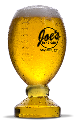 21oz Plastic clear Football Cup filled with beer and a custom logo printed on the side