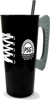 20oz Plastic Skate Cup is a black cup with a skate blade handle and custom logo