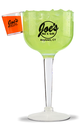 2oz Plastic Hook Shot hanging on the side of a large cup