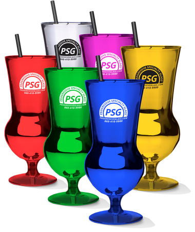 21oz Mirror-Coated Celebration® Glasses in colors like red, green, blue, gold, pink and silver with custom logos