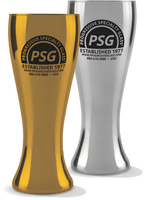 20oz Mirror-Coated Pilsner Glass in gold and silver with a custom logo