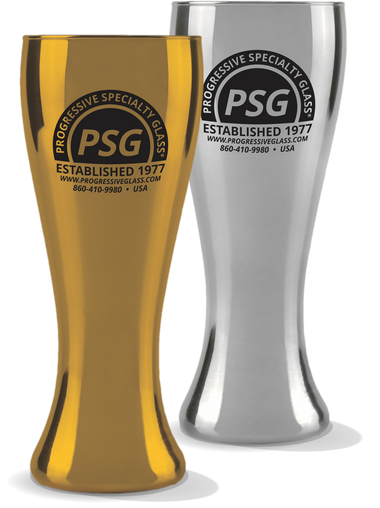 20oz Mirror-Coated Pilsner Glass in gold and silver with a custom logo