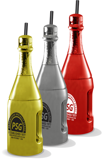 A selection of 46oz Mirror-Coated Plastic Wine bottles in a variety of colors and custom logo printing
