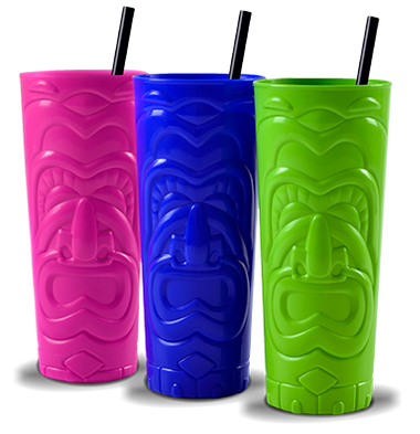 28oz Plastic Tiki Cup is a fun, brightly colored cup with tiki designs and a custom logo print