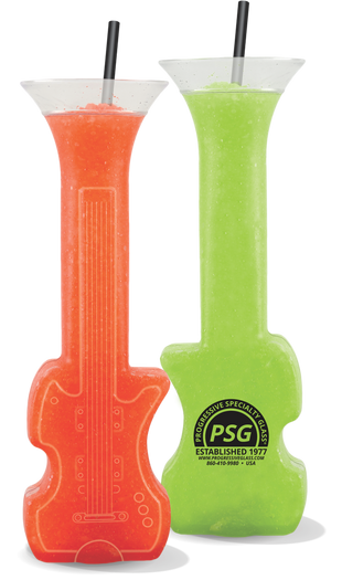 18oz Plastic Guitar Yard is a colored plastic cup in the shape of a guitar with a custom logo