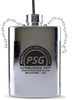 60oz Mirror-Coasted Plastic Flask is a large silver flask with a chain and a custom logo