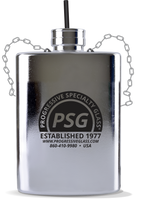 60oz Mirror-Coasted Plastic Flask is a large silver flask with a chain and a custom logo