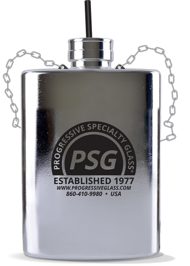 60oz Mirror-Coasted Plastic Flask is a large silver flask with a chain and a custom logo