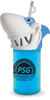 24oz Plastic Shark Sipper is a cup with a shark character head on top and a custom logo printed on the cup