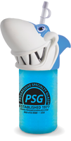 24oz Plastic Shark Sipper is a cup with a shark character head on top and a custom logo printed on the cup