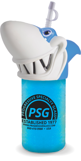 24oz Plastic Shark Sipper is a cup with a shark character head on top and a custom logo printed on the cup