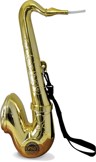 74oz Mirror-Coasted Plastic Saxophone is a gold cup in the shape of a saxophone with custom logo printing