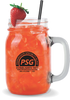 16oz Glass Mason Jar w/Handle filled with a fruity drink and customized with a logo on the side