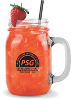 16oz Glass Mason Jar w/Handle filled with a fruity drink and customized with a logo on the side