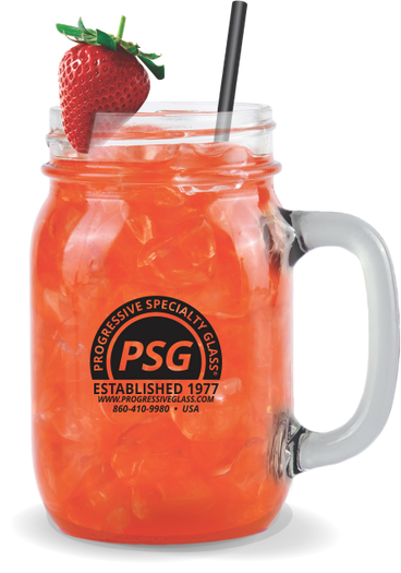 16oz Glass Mason Jar w/Handle filled with a fruity drink and customized with a logo on the side