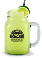 20oz Glass Mason Jar w/Handle filled with a margarita and a custom logo on the side