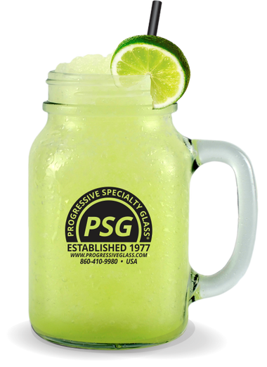 20oz Glass Mason Jar w/Handle filled with a margarita and a custom logo on the side