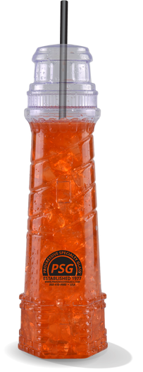 18oz Lighthouse is a plastic cup in the shape of a lighthouse and has custom logo printing