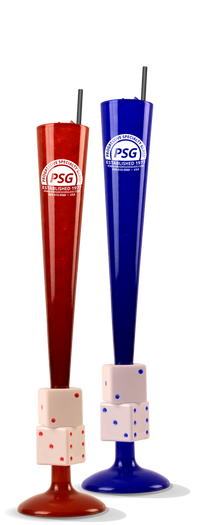 24oz Plastic Dice Prostacker™ is a cup with dice at the bottom and custom logo printing