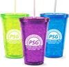 16oz Plastic Insulated Tumbler is a colored cup with a screw on lid and straw and suitable for hot or cold beverages. Custom logo printing available.