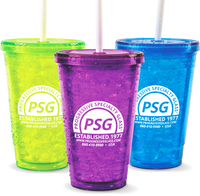 16oz Plastic Insulated Tumbler is a colored cup with a screw on lid and straw and suitable for hot or cold beverages. Custom logo printing available.