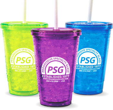 16oz Plastic Insulated Tumbler is a colored cup with a screw on lid and straw and suitable for hot or cold beverages. Custom logo printing available.