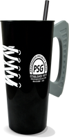 16oz Plastic Skate Cup is a cup with a skate blade handle, printed shoelaces, and a place to have custom logo printing on both sides of the cup