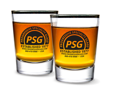 1.75oz Whiskey Shot Glass is a small clear glass with a thick glass bottom and custom logo printing