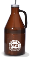 25oz Plastic Growler is a translucent brown jug with a handle and custom logo printing