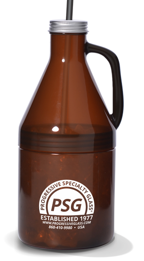 25oz Plastic Growler is a translucent brown jug with a handle and custom logo printing