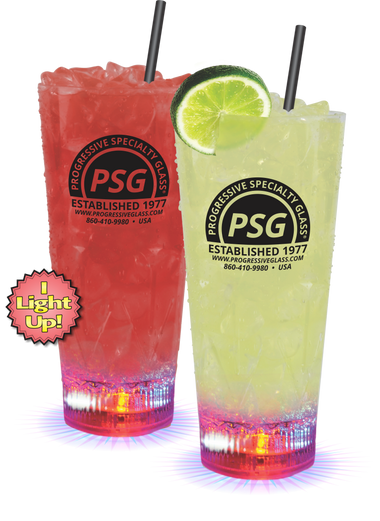 20oz Plastic Light-Up Cup is a clear plastic cup with a light at the bottom and custom logo printing