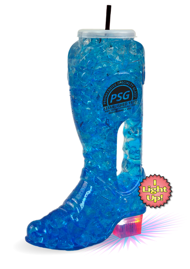 46oz Plastic Light-Up Cowboy Boot is a clear plastic cup in the shape of a cowboy boot with a light feature at the bottom and custom logo printing