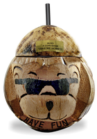16oz Bear with Sunglasses Coconut is a real hand carved and painted coconut with a bear face and sunglasses and a straw at the top with custom logo printing