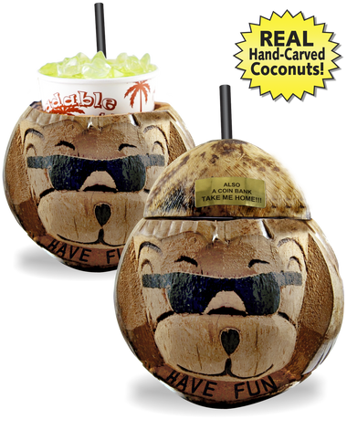16oz Bear with Sunglasses Coconut is a real hand carved and painted coconut with a bear face and sunglasses and a straw at the top with custom logo printing