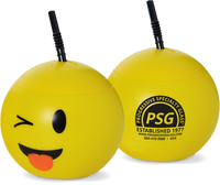 32oz Plastic Emoji Balls are round opaque colored cups with the tongue emoji face on one side and custom logos on the other
