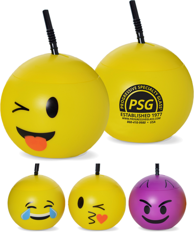 32oz Plastic Emoji Balls are round opaque colored cups with emoji faces on one side and custom logos on the other - choose from tongue emoji, cry, kiss or evil.