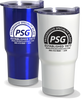 32oz Stainless Steel Insulated Tumbler with two colored metal tumblers, blue and white with custom logos printed on them